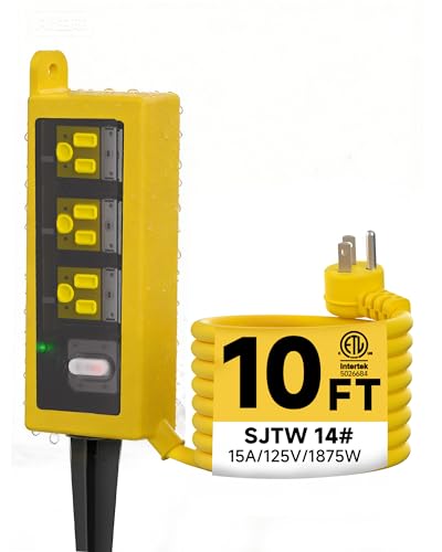 Image of Outdoor Extension Cord, 3 Wide Outlets, 1875W /15A, 10FT 14AWG Heavy Duty SJTW Power Strip with Surge Protector, All-Weather & IP66 Fully Waterproof, Ideal for Patio, Garden, Pool, RV, Yellow