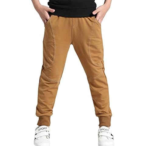 Boys Cotton Sweatpants Kids Casual Jogger Pants Tapered Ankle Pants Age 4-12 Years (Camel,140) Cover