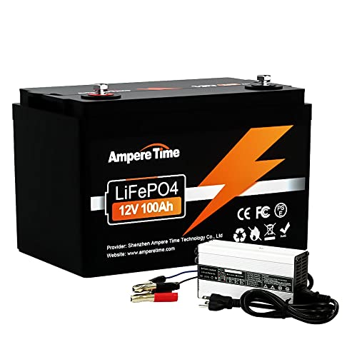 Ampere Time 12V 100Ah LiFePO4 Battery with 14.6V 10A Dedicated Lithium Battery Charger; Built-in 100A BMS, 4000+ Cycles, for RV, Solar, Marine, Overland, Off-Grid Application…