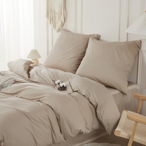 SAPHREAS Bettwäsche Sets 200x220 100% Baumwolle 3teilig, Weiche Bettwäsche mit Reißverschluss & 8 Schlaufen + 2 Kissenbezüge 80x80 cm, Oeko-Tex Zertifiziert Bettbezug, Beige(Ohne Bettdecken)