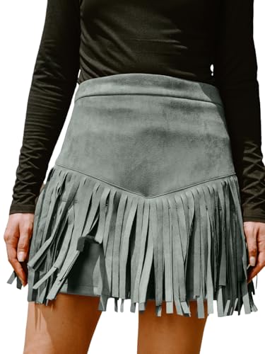 CUPSHE Women Fringe Skirts Western Cowgirl Terra Cotta High Waist Mini Skirt Suede Tassel Short Counrty Concert