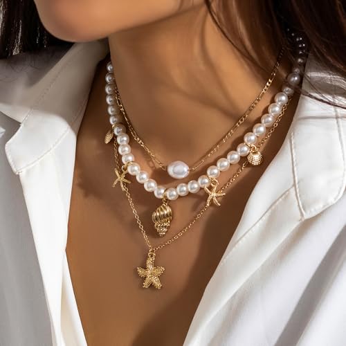 Shell Necklaces for Women Layered Gold Boho Beaded Seashell Choker Adjustable Pearl Starfish Necklace Beach Jewelry Hawaiian Summer Accessories for Women3