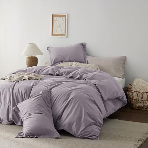 Bedsure 100% Washed Cotton Duvet Cover Queen Size - Lavender Minimalist Cotton Duvet Cover Linen Like for All Seasons - GentleSoft™ Plain Simple Bedding (Lavender, Queen, 90"x90")
