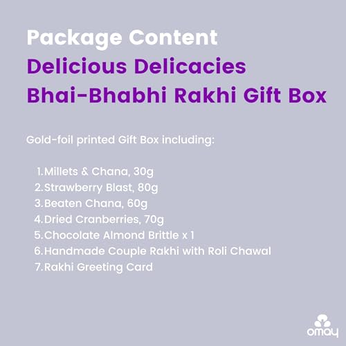 Image of Omay Foods Delicious Delicacies Rakhi Gift Hamper for Bhaiya Bhabhi | 8 Pcs | Roasted Snacks, Dry Fruits, Chocolate & Premium Kundan Couple Rakhi with Lumba | Rakhi Gift for Brother and Bhabhi