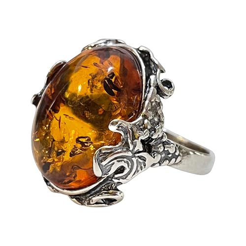 Baltic Amber Ring for Women Natural Honey Cognac Amber in 925 Sterling Silver Vintage Oval Statement Ring Unique Handmade Gift for Her (9.5)