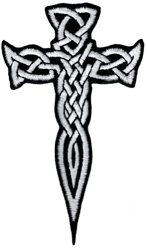 Celtic Cross Dagger White Iron-On Patch Embroidered Irish Crucifix