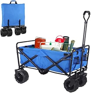 AthLike All-Terrain Beach Wagon, Portable Collapsible Folding Heavy-Duty Utility Cart, with 8'' Rubber Wheel, Carry Bag, 2 Cup Holder, for Outdoor, Sport, Groceries, Garden, 170LBS Max Load (Blue)