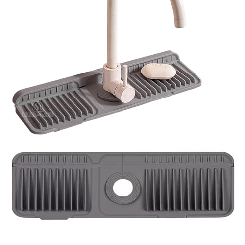 STEEL-LAND 蛇口水切りマット 固定バックル付き シリコン製 抗菌 速乾 滑り止め 45×14cm 傾斜設計排水 洗える キッチン 洗面台 バスルーム シンク周り 水汚れ防止 スプラッシュガード(グレー) [並行輸入品]