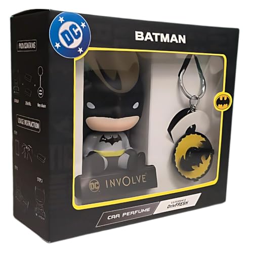Image of Involve DC Batman Bobblehead Fiber Car Perfume with Batman Keychain | Action Figure Bobblehead | OFFICIAL DC MERCHANDISE Limited Edition for Car Dashboard idol & Office Desk | Dashboard Figurine