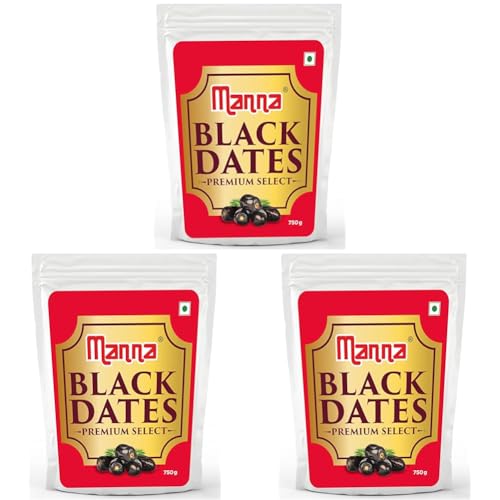 Image of Manna Black Dates 750 grams Khajur Khajoor Fresh Natural. Rich in Iron, Fibre & Vitamins | Premium Imported (Pack of 3)