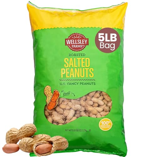 Wellsley Farms Salted Roasted Peanuts In Shell USA Grown Whole Non-GMO Gluten-Free Vegan Cholesterol-Free Shell-Cracking Snack for Game Day BBQ & Travel 5 lb Bag