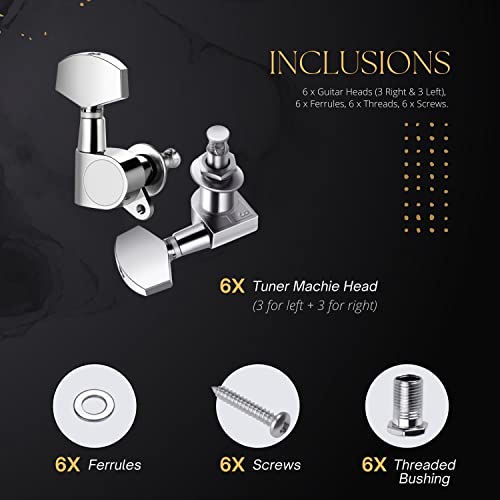 Flexzion Guitar Tuner Pegs Locking Tuners 3X3, 6 Pieces Chrome Finish Acoustic Guitar Pegs Key Machine Electric And Acoustic Guitar Tuner Musical Instrument Parts And Accessories Replacement #TOP6