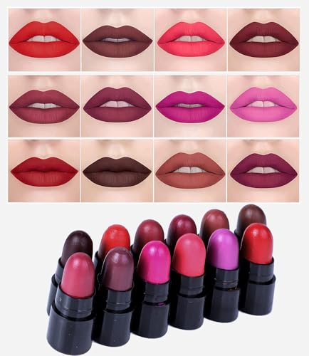 Image of Popular Matte Mini Lipstick Set of 12 for Women Long Lasting Waterproof Velvet Finish Multi Color Lip Makeup Kit Portable Travel Friendly Pocket Size Bullet Lipstick Combo for Girls (Pack Of 1)