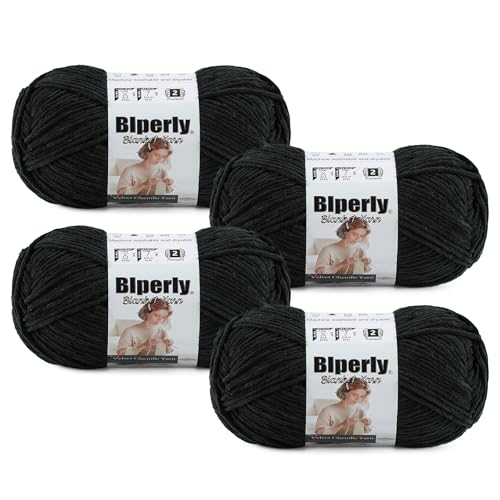 Image of Skinny Chenille Yarn for Crocheting #2 Black Thin Baby Blanket Plush Yarn | 4 Pack of 158 Yds, 1.7 Oz Sport Fingering Weight Fine Yarn, Soft Fluffy Velvet Yarn for Crochet knitting Blankets, Amigurumi