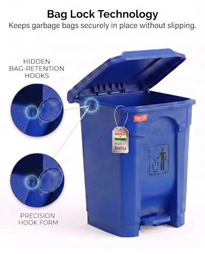 Image of pedal dustbin with lid, heavy duty plastic garbage bin, hands-free step-on waste bin for kitchen, office, home, hotel, bathroom & outdoor use (Blue, 65 Liters)
