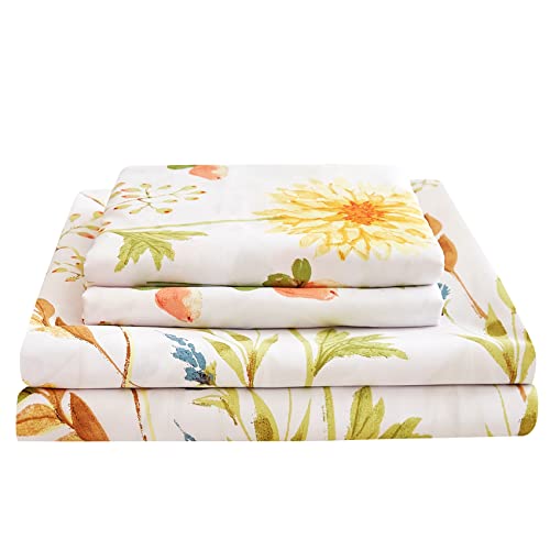 JSD Yellow Floral Printed Sheet Set King Size, 4 Piece Soft Botanical Microfiber Bedding Sheets Extra Deep Pocket