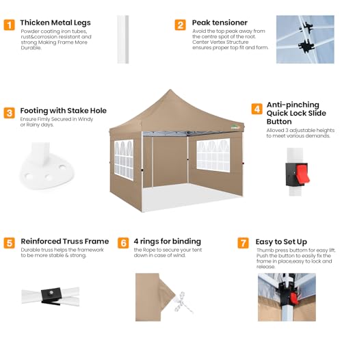Image of COBIZI 10x10 Pop Up with 3 Sidewalls, Canopy Tent 10x10 for Parties, Backyard, Commercial, Waterproof and Portable Instant Shelter UV50+ Outdoor Canopy Gazebo with 4 Sandbags(Brown)