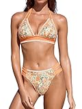 CUPSHE Damen Bikini Set V Ausschnitt Neckholder mittelhoher Bund Cut Out Nähte frecher Schnitt am Höschen Zweiteiliger Badeanzug Orange/Gelb Blumenmuster L
