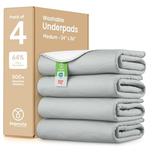 Image of IMPROVIA Washable Underpads, Heavy Absorbency Reusable Incontinence Pads for Kids, Adults, Elderly, and Pets, Waterproof Protection Floor (Gray, 34 inchx36 inch (Pack of 4))