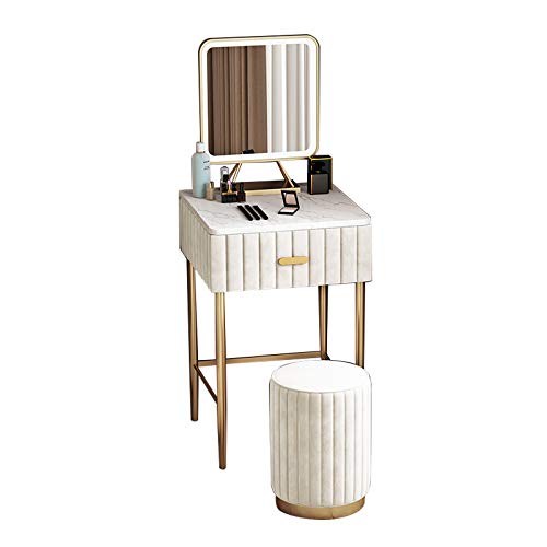 Tocador Simple de Madera, Escritorio de tocador, tocador, Dormitorio, Juego de tocador, Tapa de mármol con Taburete, Espejo, cajón de Almacenamiento de cosméticos, Beige, 50 x 40 x 78 cm Cover