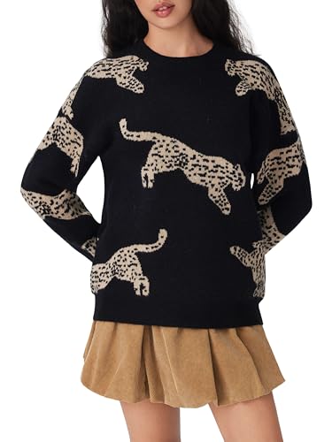 CIDER Womens Leopard Print Sweater Crew Neck Casual Pullover2