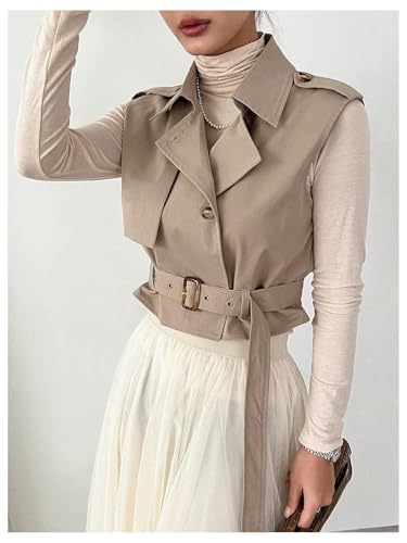 WDIRARA Women's Sleeveless Cropped Trench Coat with Belted Lapel Collar Vest Coat4