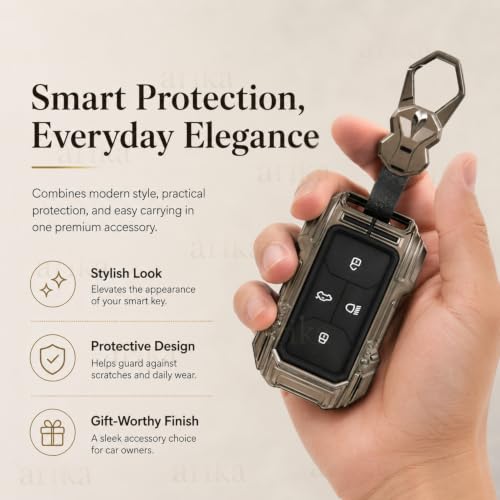 Image of arika Key Cover Compatible with Tata Harrier | Safari | Nexon | Altroz | Tigor | EV | Punch | Tiago EV Electric - 4 Button Smart Key , Element 22 Titanium Edition