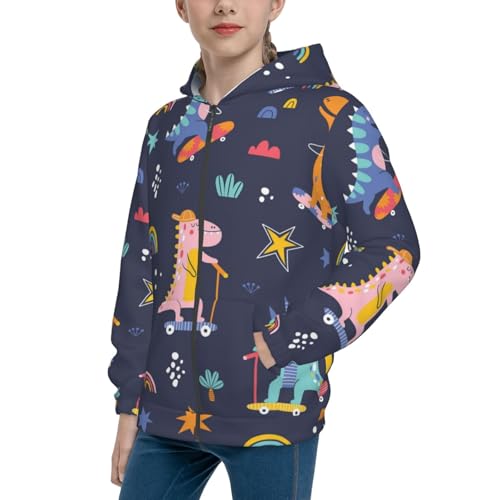 Cartoon Dinosaur Scooter Sport Blue Kids Pullover Hoodies Boys Zip Up Sweatshirts Girls Athletic Clothes with Pocket