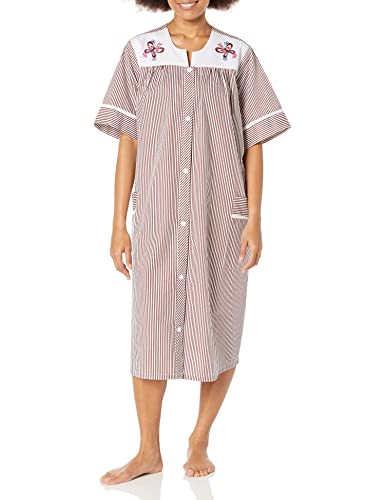 Image of AmeriMark Women Calf-Length Snap Front Knit Duster House Coat Robe - Loose-Fitting Plush Bathrobe - Short Sleeve Bath Robe