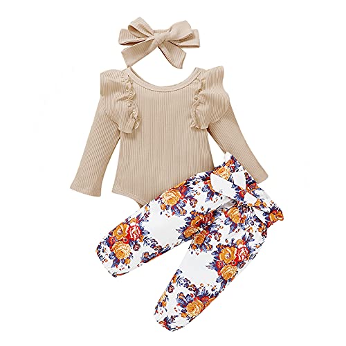 Image of 3Pcs Baby Girls Floral Clothes Cute Infant Summer Romper Pants Headband , Apricot Pant