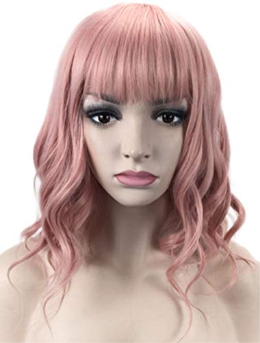 Short Curly Wavy Pink Wigs, Charming Rose Net Synthetic Wig with Bangs & 1 Wig Cap for Women & Girls Costume/Party/Fun/Halloween; wig029PK