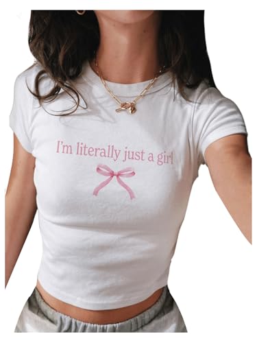 Women's Graphic Bow Short Sleeve Crewneck Crop Tops Slim Fit Y2K Cute T Shirts
