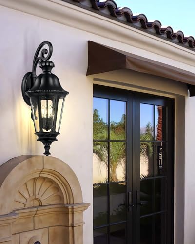 Image of Outdoor Light Fixtures, HWH Exterior Wall Sconce Lantern with Seeded Glass, 29'' Large Outdoor Wall Lamp Antique Porch Light for Patio Garage Entryway, Matte Black Finish, 5HW90B-L BK