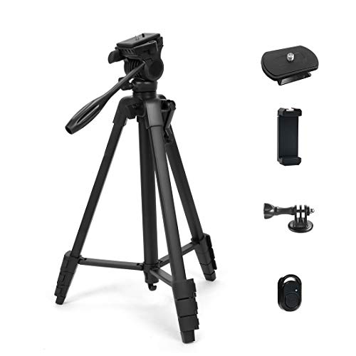 Phinistec 150cm Trípode Cámara Réflex para Móvil, iPhone, Gopro, Smartphone con Hidráulica Cabeza y Control Remoto y Adaptador de Móvil y Gopro para Fotografía y Video (Negro)