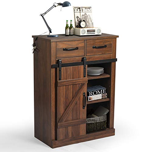 AILEEKISS Side Storage Cabinet with Adjustable Shelf Cupboard Sideboard Multipurpose Cabinet Cupboard with Sliding Barn Door for Entryway Bathroom Living Room Kitchen (Brown)