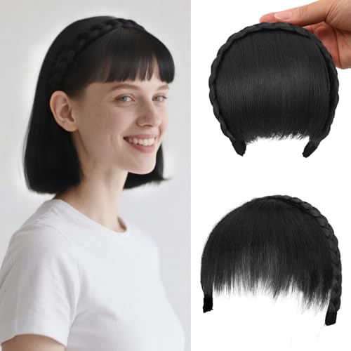 Bandeau avec frange pour femme, postiche synthétique tressé, extensions de cheveux - Noir naturel
