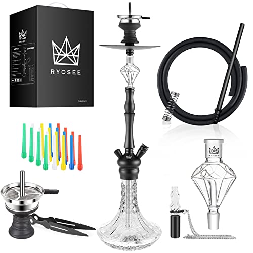 Ryosee® 78cm komplettes 2 Anschlüssen Shisha-Kit, mit allem Rauchzubehör, 1 Molassefänger, 1 Schlauch-Shisha-Rauchzubehör, Rauchrohr aus Aluminium, 1 glas Mundstück, 2 Adapter, 1 Huka Tong (Schwarz) Cover