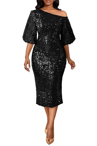 Robe midi élégante à paillettes VERWIN avec manches bouffantes