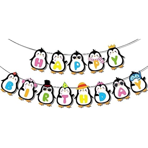 Cute Penguin Happy Birthday Banner, Penguin Birthday Party Decorations, Boy Girl Baby Shower Cartoon Animal Theme Supplies Garland, Winter Onederland Kids 1st First Bday Decor Cover