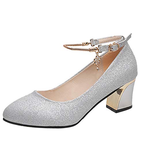 Silberne Schuhe Damen Pumps Chunky Runde Mode Frauen High Heels Zehen...