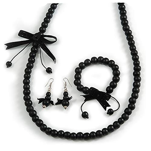 Juego de collar de madera negra de 80 cm con pulsera y pendientes 7