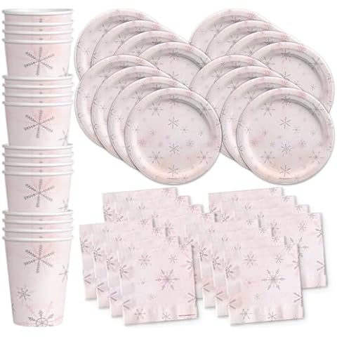 Pink Snowflake Winter Birthday Party Supplies 48 Piece Tableware Set Includes Plates Napkins Cups Kit for 16 Cover