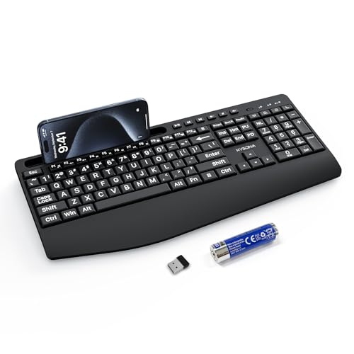 KYSONA Large Print Wireless Keyboard Full Size Cordless Computer Keyboard with Phone Holder Palm Rest Ergonomic Tilt Angle 2.4G Plug-and-Play Compatible with Tablet/Windows/Laptop/PC Black