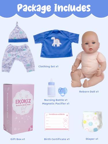 Image of EKOKIZ 18 Inch Reborn Baby Boy Doll - Realistic Blue Eyes Realistic Baby Doll with Dinosaur Outfit, Pacifier & Bottle Gift Set for Kids 3+