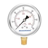 MEASUREMAN 2-1/2inch Dial Size, Liquid Filled Pressure Gauge, 0-60psi/kpa, 304 Stainless Steel Case, 1/4inNPT Lower Mount