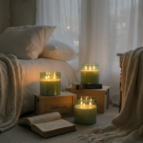 Image of Homemory 6 x 6 Inch Extra Large Flameless Candle with 3 Wicks, Sage Green Glass LED Pillar Candle, Real Wax Battery Operated Candle with Remote Control and Timer for Home Decor