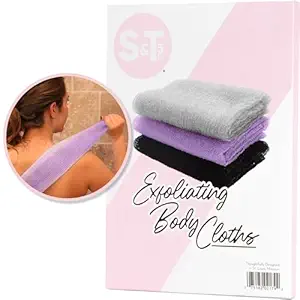 S&T INC. Back Scrubber for Shower, Exfoliating Body Scrubber or Bath Exfoliating Towel for Skin Care, 11.8 Inches x 35.4 Inches, Assorted Purple, 3 Pack