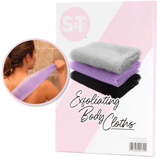 S&T INC. Back Scrubber for Shower, Exfoliating Body Scrubber or Bath Exfoliating Towel for Skin Care, 11.8 Inches x 35.4 Inches, Assorted Purple, 3 Pack