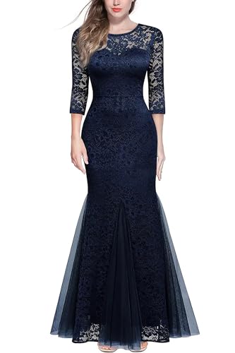 HOMEYEE Damen Vintage V-Ausschnitt Spitzenkleid Party Ballkleid Abendkleider Maxi Meerjungfrau Bodycon Brautkleid B1219 (L, Marineblau)