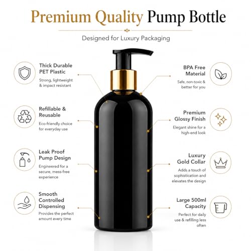 Image of Prakash Empty Plastic Black Golden Pump Bottles Dispenser 500ml Portable Shampoo Lotion Hand Bottle (Black Golden Pump 500ML, Pack of 3)